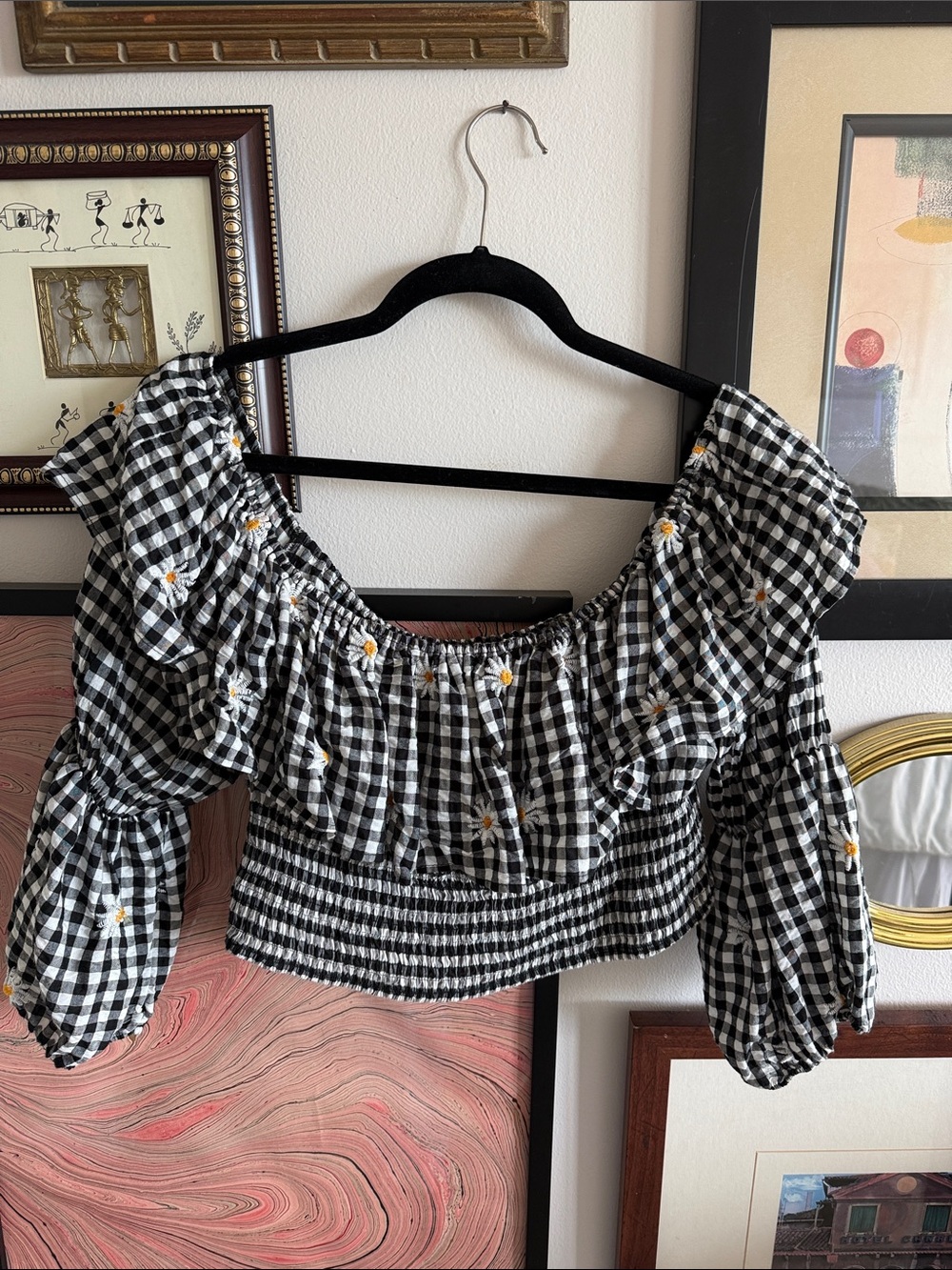 Zara Black & White Gingham Off-Shoulder Crop Top with Daisy Embroidery